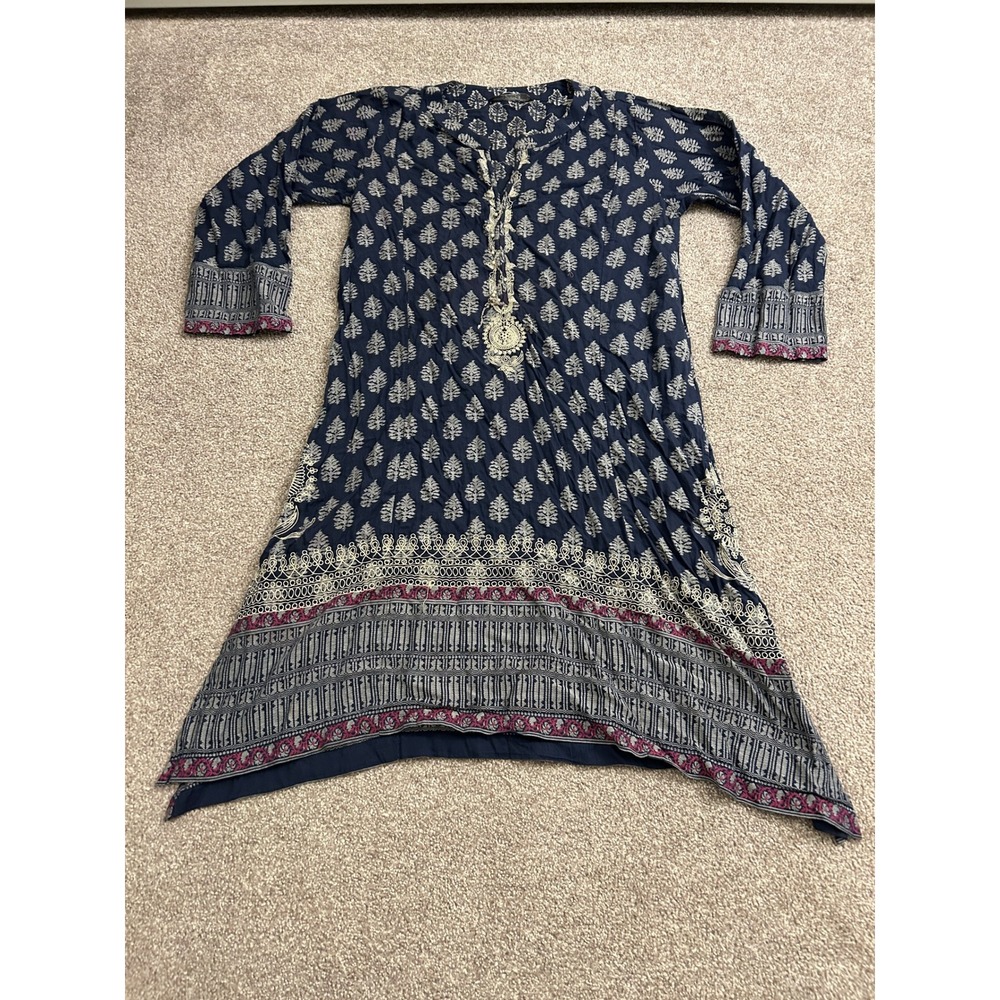 South Asian Kameez Khaadi Tunic Top Womens 12 Navy Blue Excellent Print Kurti